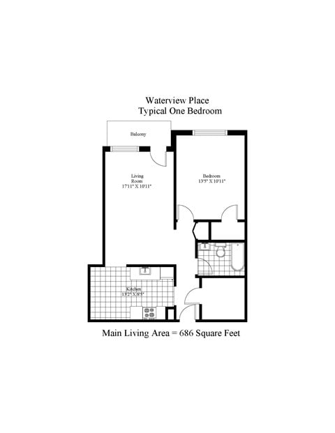 Floor plan for 1 bed, 1 bath, 686 sqft